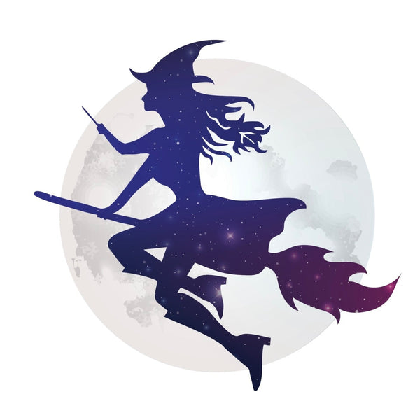Silhouette of a Young Witch on Broomstick flying against a full moon with a starry, cloud-speckled background by Cover-Alls.