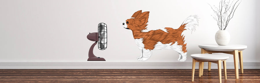 A painted illustration of a small, fluffy dog standing on its hind legs, interacting with a table fan in a minimalist room with simple furniture.