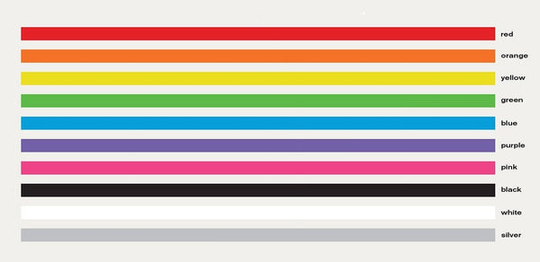 An image displaying a collection of horizontal colored 2" Stripe Decals, suitable for indoor or outdoor use, each labeled with a color name including red, orange, yellow, green, blue, purple, pink, black by Cover-Alls.
