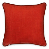 The Dark Romance Silk Pillow Cushion by Contrado is a square-shaped designer accessory featuring a luxurious red, textured fabric with an elegant dark trim.