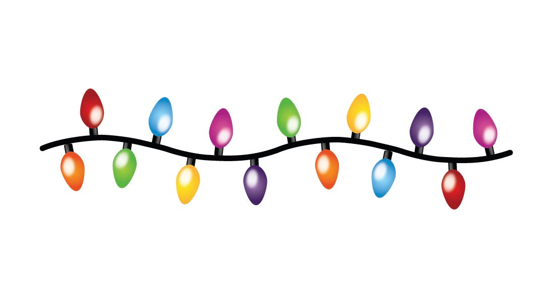 Illustration of Cover-Alls' Christmas Lights Decals featuring a vibrant array of red, orange, yellow, green, blue, and purple bulbs that add festive cheer to any space.