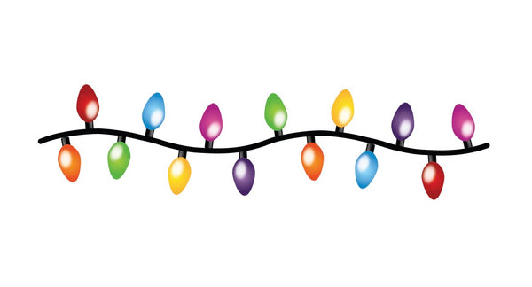 Illustration of Cover-Alls' Christmas Lights Decals featuring a vibrant array of red, orange, yellow, green, blue, and purple bulbs that add festive cheer to any space.