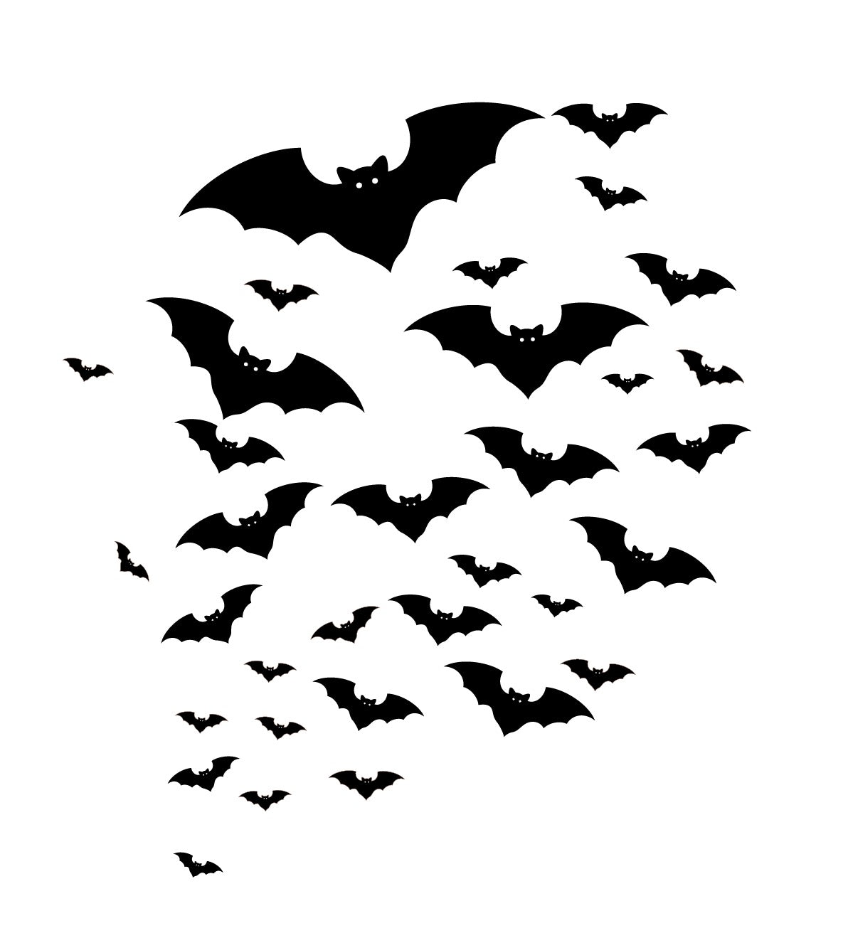 Silhouettes of numerous bats in various sizes, intricately detailed as if from the Cauldron of Bats Decals by Cover-Alls, flying in different directions on a white background.