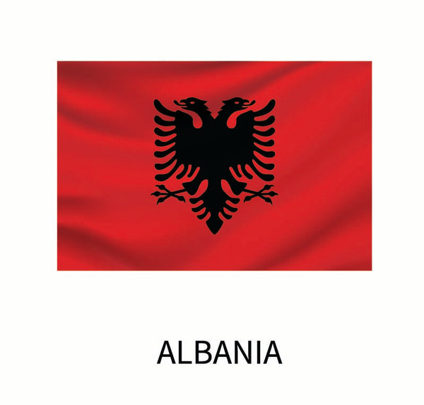 Flag of Albania, featuring a black double-headed eagle centered on a red background, with the word "Albania" below. This design is available as one of the Cover-Alls decals.