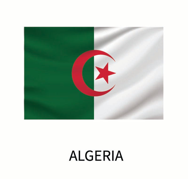 Cover-Alls Flags of the World Decals featuring a vertical green and white split with a red crescent and star centered on the boundary. Below, the word "Algeria" is written as part of a custom size dec