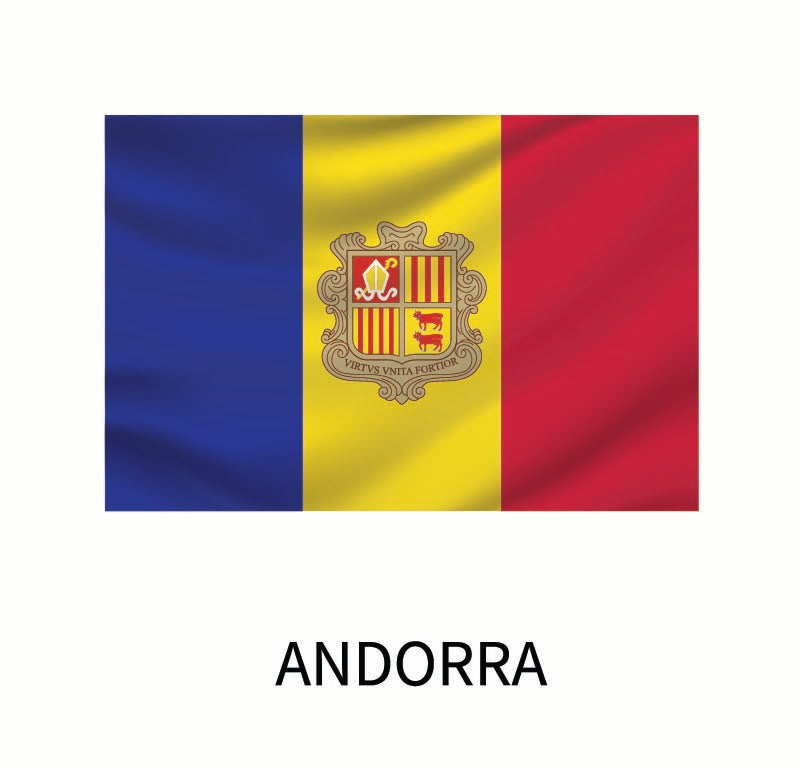 The Cover-Alls Flags of the World Decals with a vertical tricolor of blue, yellow, and red; centered yellow panel features the coat of arms. Text "Andorra" below. Includes a custom size dec