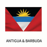 Flag of Antigua and Barbuda, featuring a rising sun over blue, black, and white horizontal stripes with a red border, and the country's name below. This design is available as a Cover-Alls Flags of the World Decals.