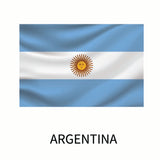 Flag of Argentina: two horizontal light blue and one white stripe with a sun emblem in the center, above the word 