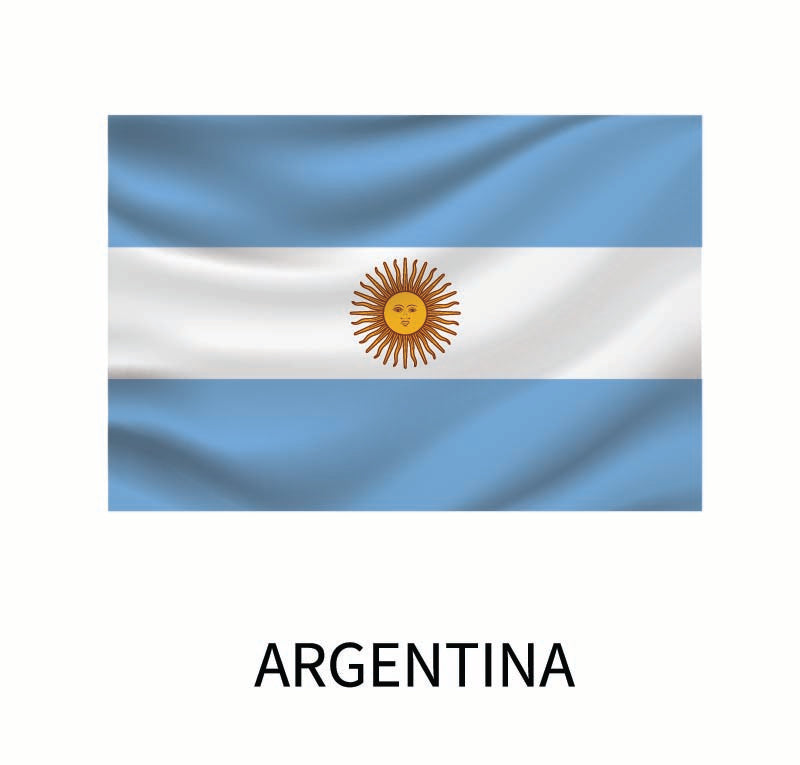 Flag of Argentina: two horizontal light blue and one white stripe with a sun emblem in the center, above the word "Argentina" on a Cover-Alls Flags of the World Decals.
