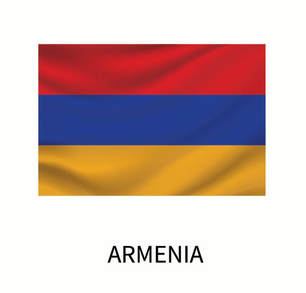 Flag of Armenia consisting of three horizontal stripes in red, blue, and orange, with the word "Armenia" below it, available as a Cover-Alls Flags of the World Decals decal.