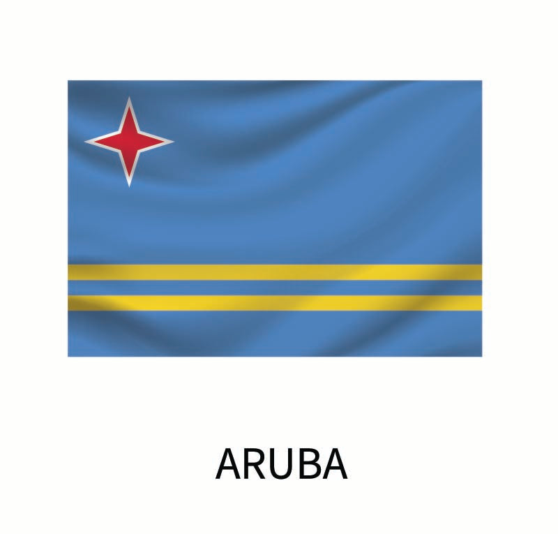 Flag of Aruba featuring a light blue field, two parallel yellow stripes at the bottom, and a red four-pointed star in the upper left corner with Cover-Alls decals.