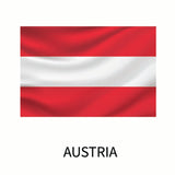 Flag of Austria from the Cover-Alls Flags of the World Decals, consisting of three horizontal stripes with the top and bottom stripes in red and the middle stripe in white, and the word 