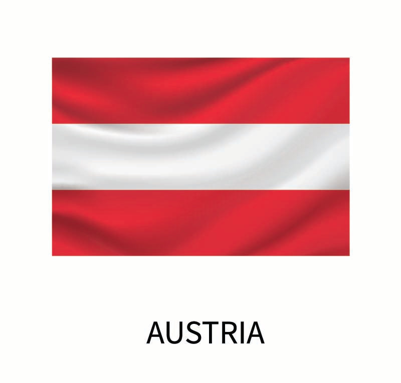 Flag of Austria from the Cover-Alls Flags of the World Decals, consisting of three horizontal stripes with the top and bottom stripes in red and the middle stripe in white, and the word "Austria" below.