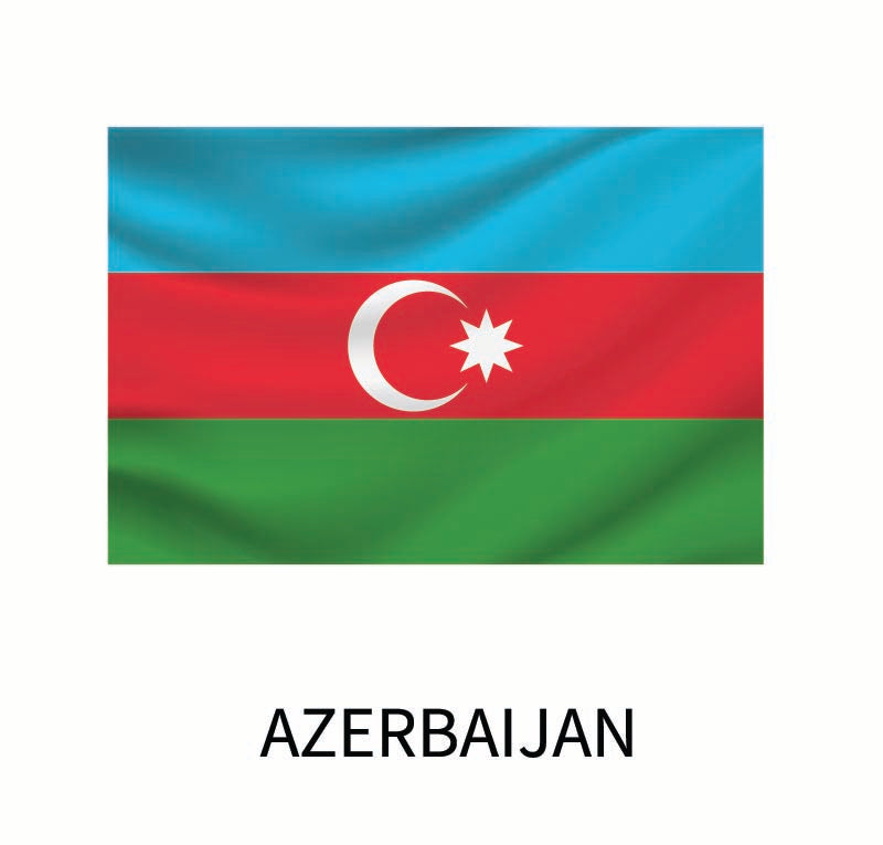 Flag of Azerbaijan featuring three horizontal stripes in blue, red, and green, with a white crescent and an eight-pointed star in the center, available as "Cover-Alls Flags of the World Decals".