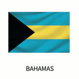 The Cover-Alls Flags of the World Decals custom size decal of the flag of the Bahamas features three horizontal stripes in aquamarine, gold, and aquamarine, with a black triangle on the hoist side, and the word