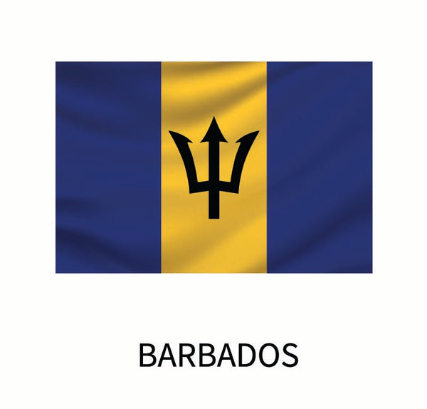 Flag of Barbados featuring three vertical bands of blue, gold, and blue, with a black trident head centered on the gold band. Available as a custom size decal from Cover-Alls Flags of the World Decals.