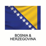 Flag of Bosnia and Herzegovina featuring a blue triangle with a yellow background and white stars along the hypotenuse, with the country name below in bold as a Cover-Alls Flags of the World Decal.