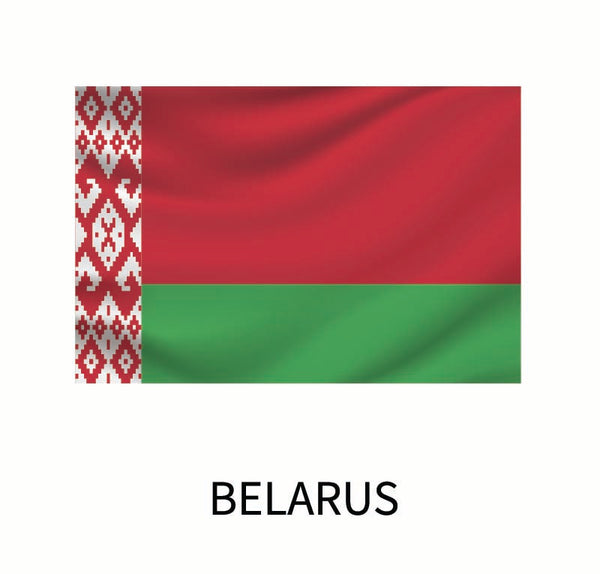 Flag of Belarus featuring two horizontal stripes in red and green, with a vertical white and red traditional pattern on the left side, available as a Cover-Alls Flags of the World Decals.