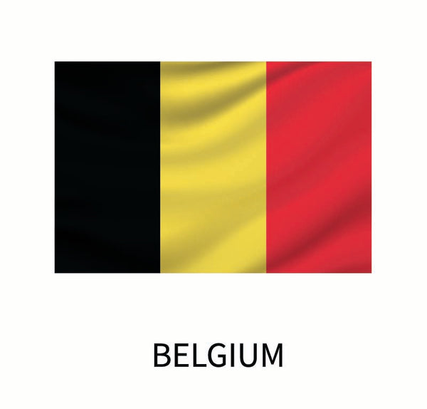 The Cover-Alls Flags of the World Decals of Belgium, featuring three vertical bands of black, yellow, and red, with a custom size decal option that includes the word "Belgium" beneath it.