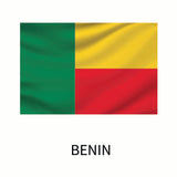 Flag of Benin featuring two horizontal bands of yellow and red, and a green vertical band on the left, with the word 