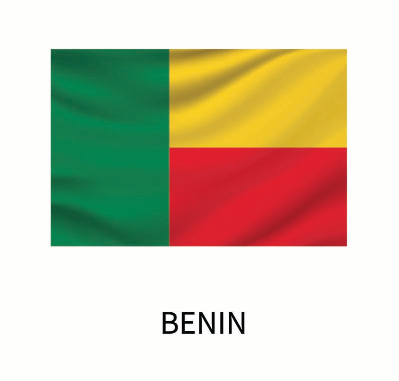 Flag of Benin featuring two horizontal bands of yellow and red, and a green vertical band on the left, with the word "Benin" below. This design is available as a Cover-Alls Flags of the World Decal custom size dec.