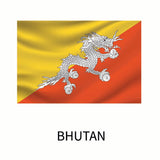 Flag of Bhutan featuring a white dragon holding jewels, against a diagonally divided yellow and orange background, with the word 