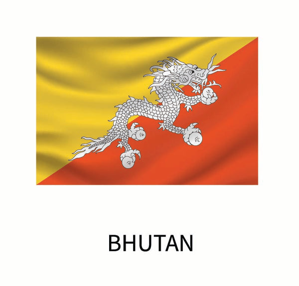 Flag of Bhutan featuring a white dragon holding jewels, against a diagonally divided yellow and orange background, with the word "Bhutan" below in the style of Cover-Alls decals.