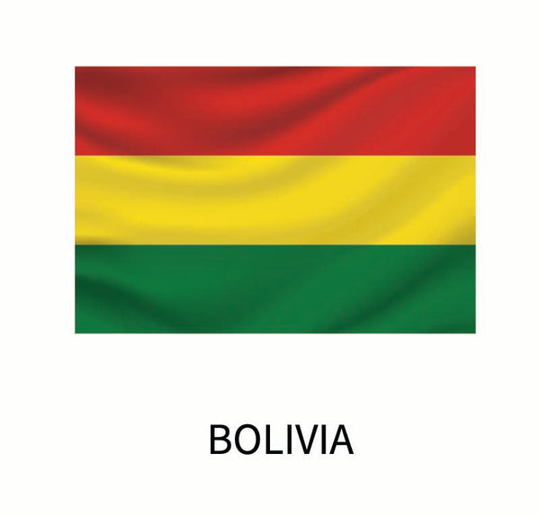A graphic image of the flag of Bolivia, featuring horizontal stripes in red, yellow, and green, with the name "Bolivia" displayed below as part of our Cover-Alls Flags of the World Decals collection.