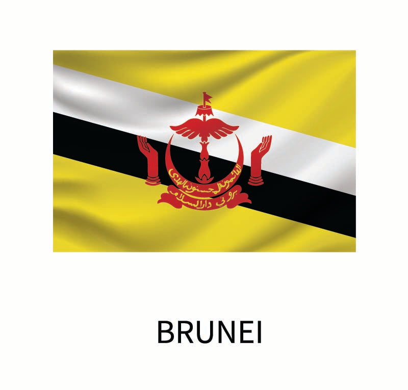 Cover-Alls Flags of the World Decals featuring a white and black diagonal stripe with a red crest in the center, against a yellow background, with the word "Brunei" below as a custom size decal.