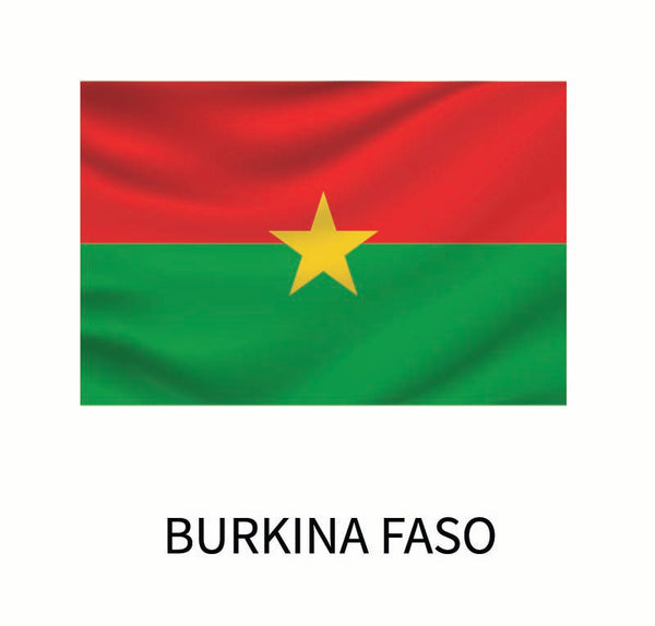 Flag of Burkina Faso featuring horizontal bands of red and green with a yellow star in the center, captioned with "Burkina Faso" as a Cover-Alls Flags of the World Decals custom size decal.