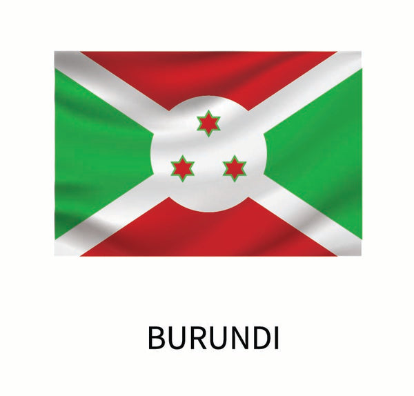 Flag of Burundi, featuring a white diagonal cross dividing green and red panels with a Cover-Alls Flags of the World Decal containing three six-pointed red stars at the center.