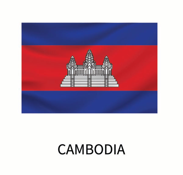 Flag of Cambodia featuring a horizontal tricolor of blue, red, and blue with a depiction of Angkor Wat in the center, and the name "Cambodia" below. This design is available as Cover-Alls Flags of the World Decals.