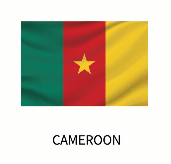 Flag of Cameroon with vertical green, red, and yellow stripes and a yellow star in the center, featured as a Cover-Alls Flags of the World Decals, with the label "Cameroon" below.