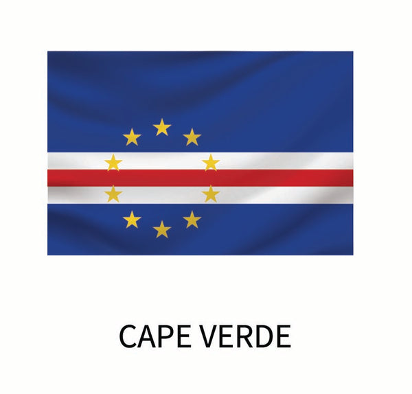 Flag of Cape Verde: blue background with horizontal bands of white and red in the center, circled by 10 yellow stars. This design is available as a Cover-Alls Flags of the World decal.