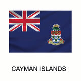 Sentence with replaced product: Flag of the Cayman Islands featuring the Union Jack in the upper left corner and the national coat of arms on the right side, set against a dark blue background with Cover-Alls World Map decals.
