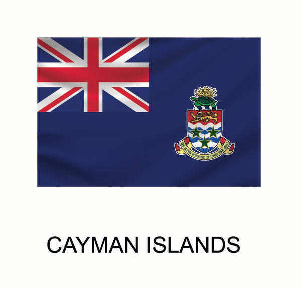 Sentence with replaced product: Flag of the Cayman Islands featuring the Union Jack in the upper left corner and the national coat of arms on the right side, set against a dark blue background with Cover-Alls World Map decals.