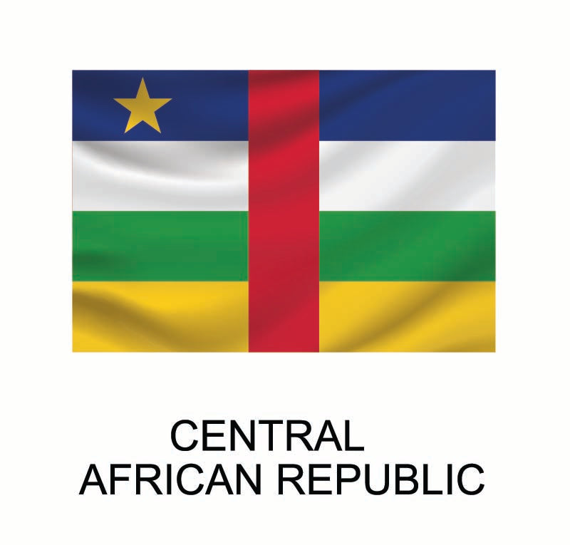 Cover-Alls Flags of the World Decals of the Central African Republic with a blue field and yellow star, vertical red stripe, and horizontal white, green, and yellow stripes, labeled "Central African Republic" below as part of the Flags.