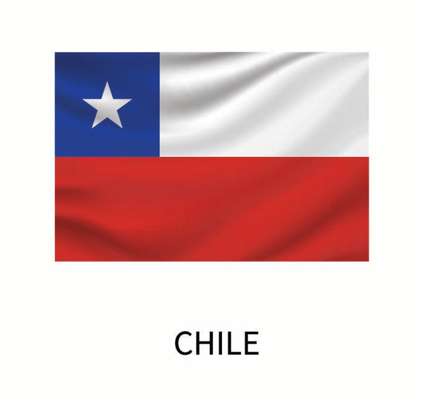 Flag of Chile featuring a horizontal white and red band with a blue square and white star in the upper left corner, overlaid with the word "Chile" in a Cover-Alls Flags of the World Decals.