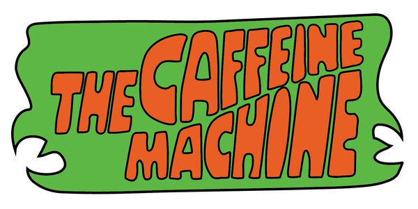 A retro-style text in bold orange letters reads "The Caffeine Machine" on a green background, reminiscent of the Customizable Mystery Machine Sign Decal by Cover-Alls.