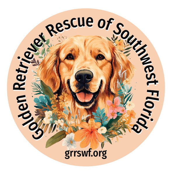 The Custom Order for Candy Wallender from Cover-Alls showcases a logo that is 3.5" wide, featuring a smiling golden retriever surrounded by colorful flowers. The logo also includes the organization's website "grrswf.org" at the bottom.