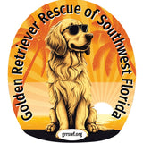 Logo for the Golden Retriever Rescue of Southwest Florida, created as a custom order for Candy Wallender by Cover-Alls, featuring a dog wearing sunglasses set against a tropical background. The design measures 3.5