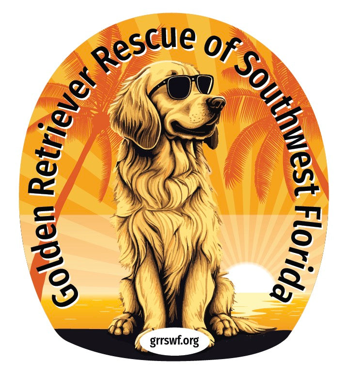 Logo for the Golden Retriever Rescue of Southwest Florida, created as a custom order for Candy Wallender by Cover-Alls, featuring a dog wearing sunglasses set against a tropical background. The design measures 3.5" wide and includes the organization's website, grrswf.org, at the bottom.