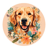 Illustration of a golden retriever's face encircled by various colorful flowers and leaves on a peach-colored background, perfectly sized at 3.5