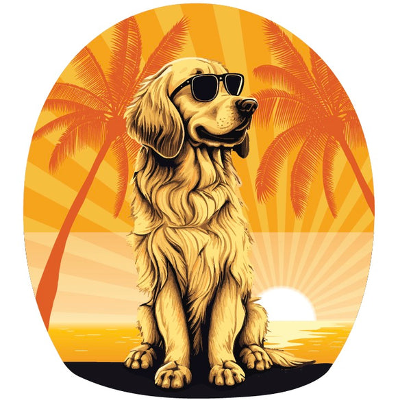 Here is an illustration for "Custom Order for Candy Wallender" by Cover-Alls, featuring a dog wearing sunglasses, sitting on a beach with two palm trees and a setting sun in the background. This design is available as a 3.5" wide print, with 50 pieces per design, totaling 200 pieces.