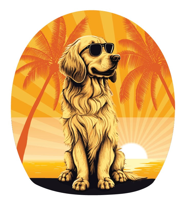 Here is an illustration for "Custom Order for Candy Wallender" by Cover-Alls, featuring a dog wearing sunglasses, sitting on a beach with two palm trees and a setting sun in the background. This design is available as a 3.5" wide print, with 50 pieces per design, totaling 200 pieces.