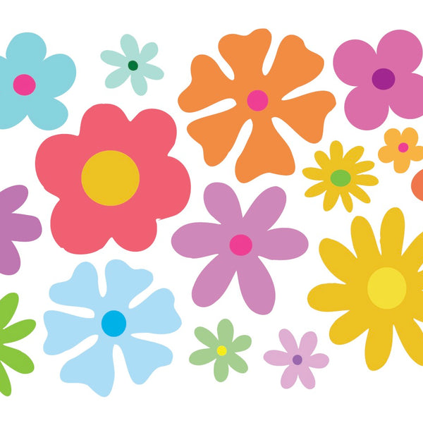 The Cover-Alls "Colorful Groovy Flowers" pattern features a vibrant array of abstract floral designs in orange, pink, blue, yellow, and green on a white background, capturing the playful 60s style.