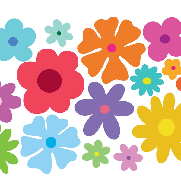 Cover-Alls' Colorful Groovy Flowers boasts a lively mix of vibrant flowers in diverse sizes and shapes on a clean white background, bringing a playful 60s vibe.