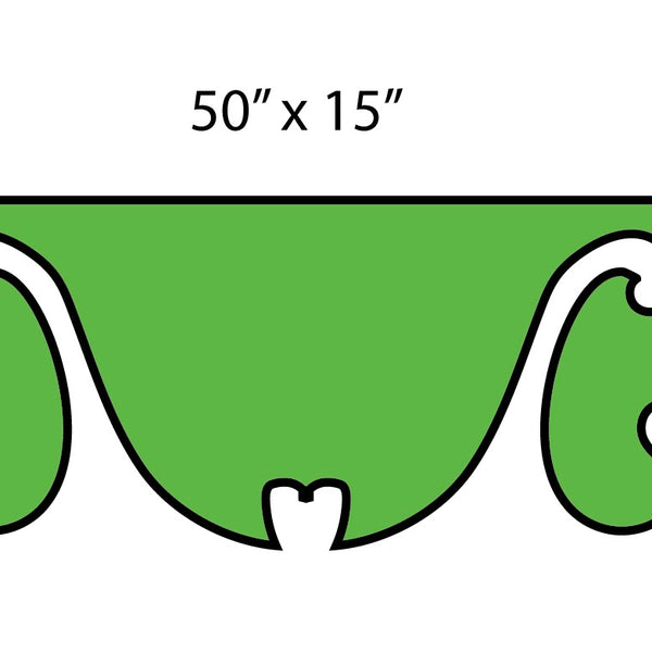 The Cover-Alls green and white decorative valance, inspired by the Mystery Machine's colors, boasts elegant swirl patterns. Measuring 50x15 inches, it adds a chic touch to any window by blending fun color dimensions with stylish design.