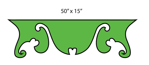 The Cover-Alls green and white decorative valance, inspired by the Mystery Machine's colors, boasts elegant swirl patterns. Measuring 50x15 inches, it adds a chic touch to any window by blending fun color dimensions with stylish design.