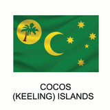Flag of the Cocos (Keeling) Islands featuring a green background, a palm tree at hoist side, a gold crescent moon, and four stars on Cover-Alls' Flags of the World Decals.